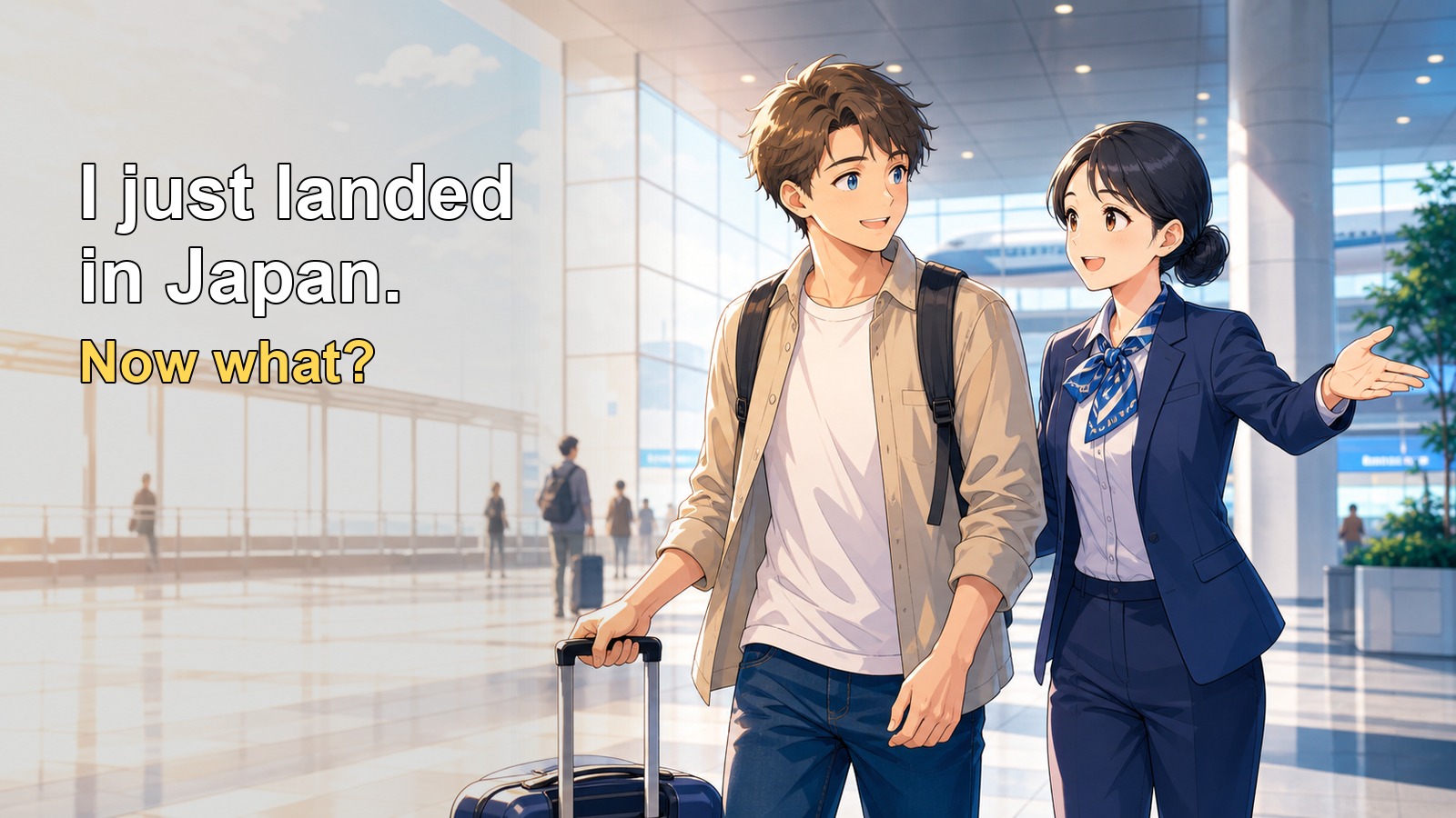 Anime featured image showing HarukaBase arrival support after landing in Japan with a simple Now what comment