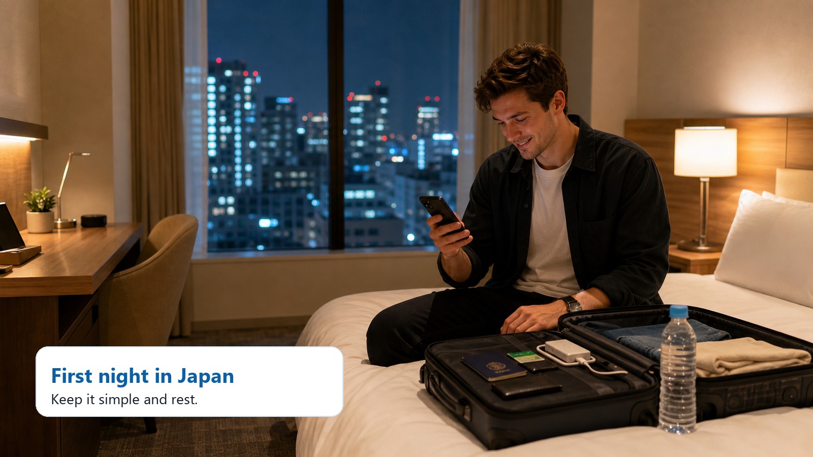 Traveler calmly checking phone in a Japanese hotel room on the first night after arrival