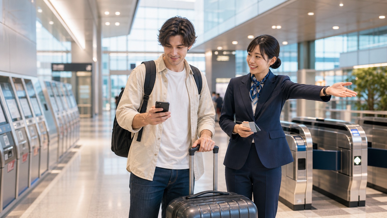 Foreign traveler getting help with SIM eSIM and transit access at a Japanese airport station