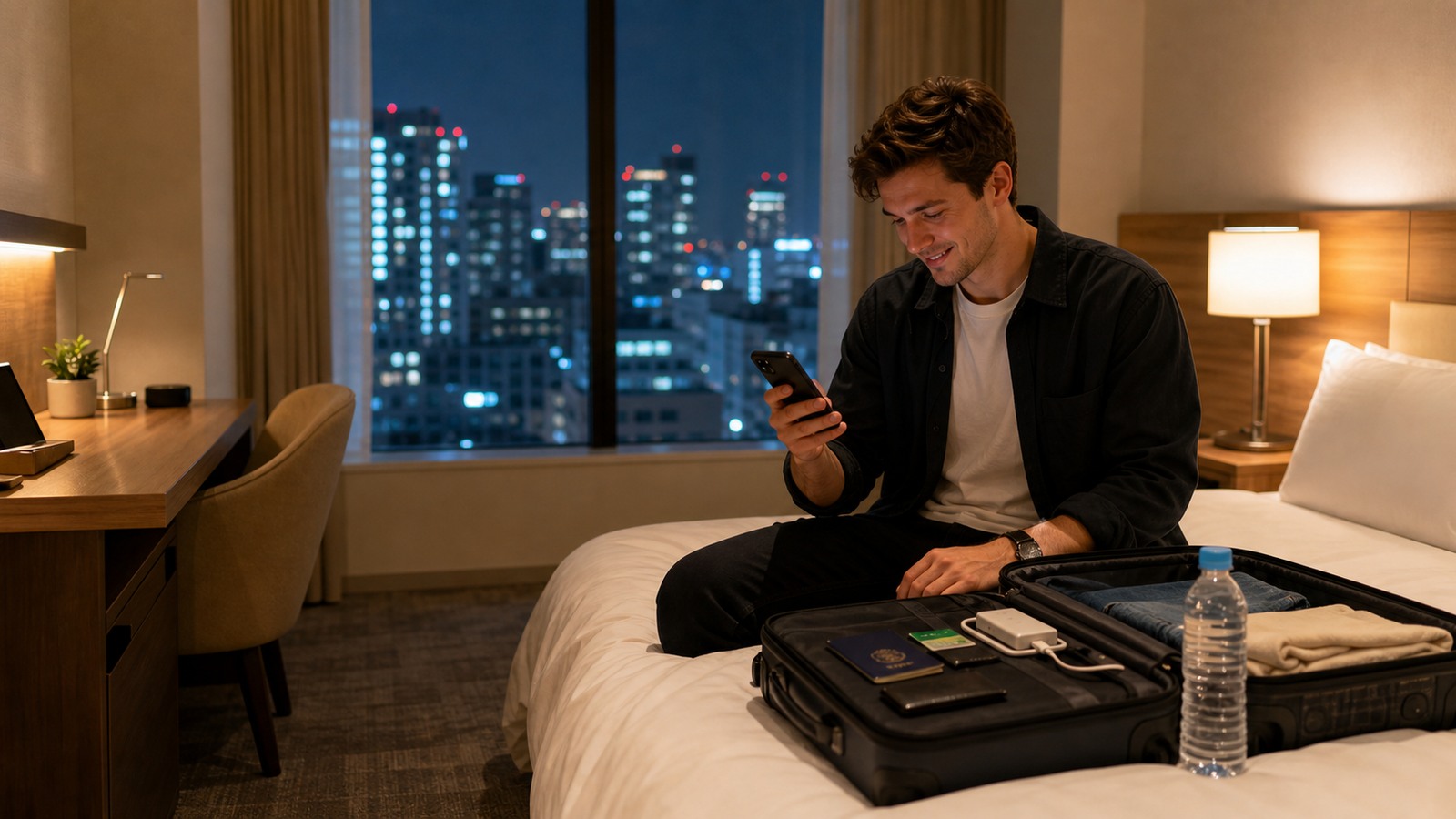 Traveler checking phone in a Japanese hotel room on the first night after arrival