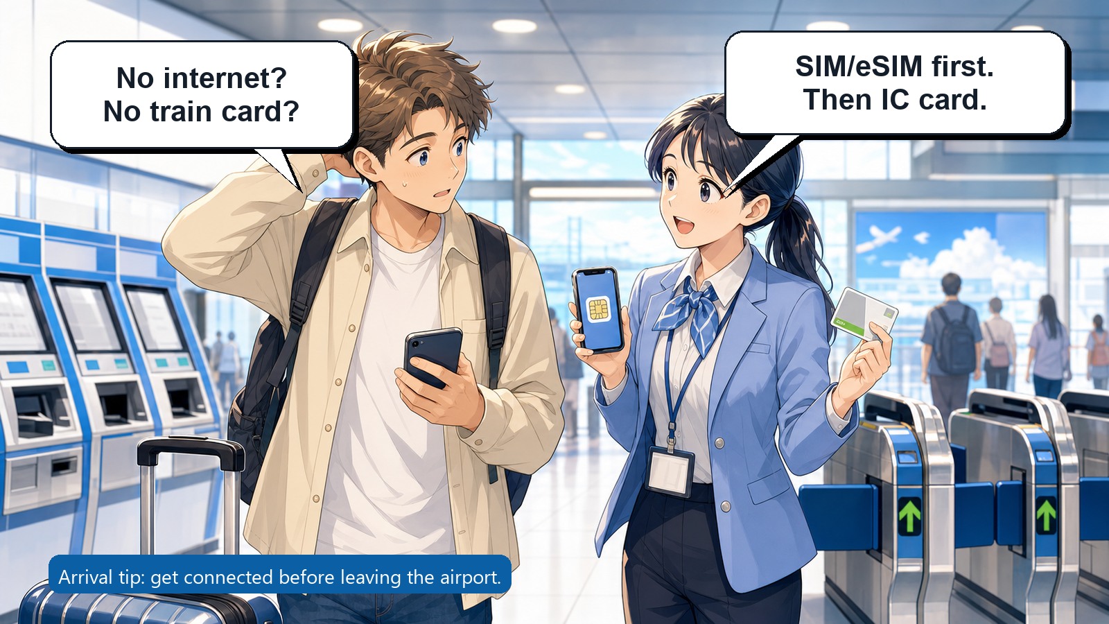 Color anime guide showing SIM eSIM and IC card help after arriving in Japan