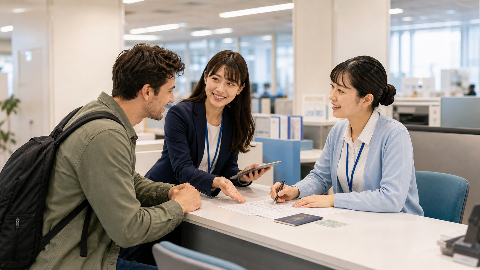Foreign resident receiving help with city office address registration in Japan