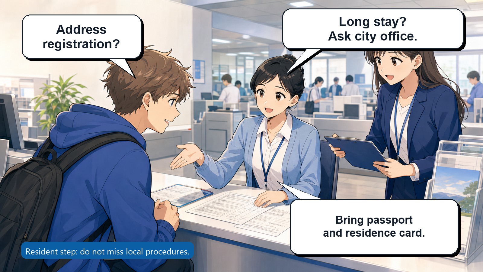 Color anime guide explaining city office address registration after arriving in Japan
