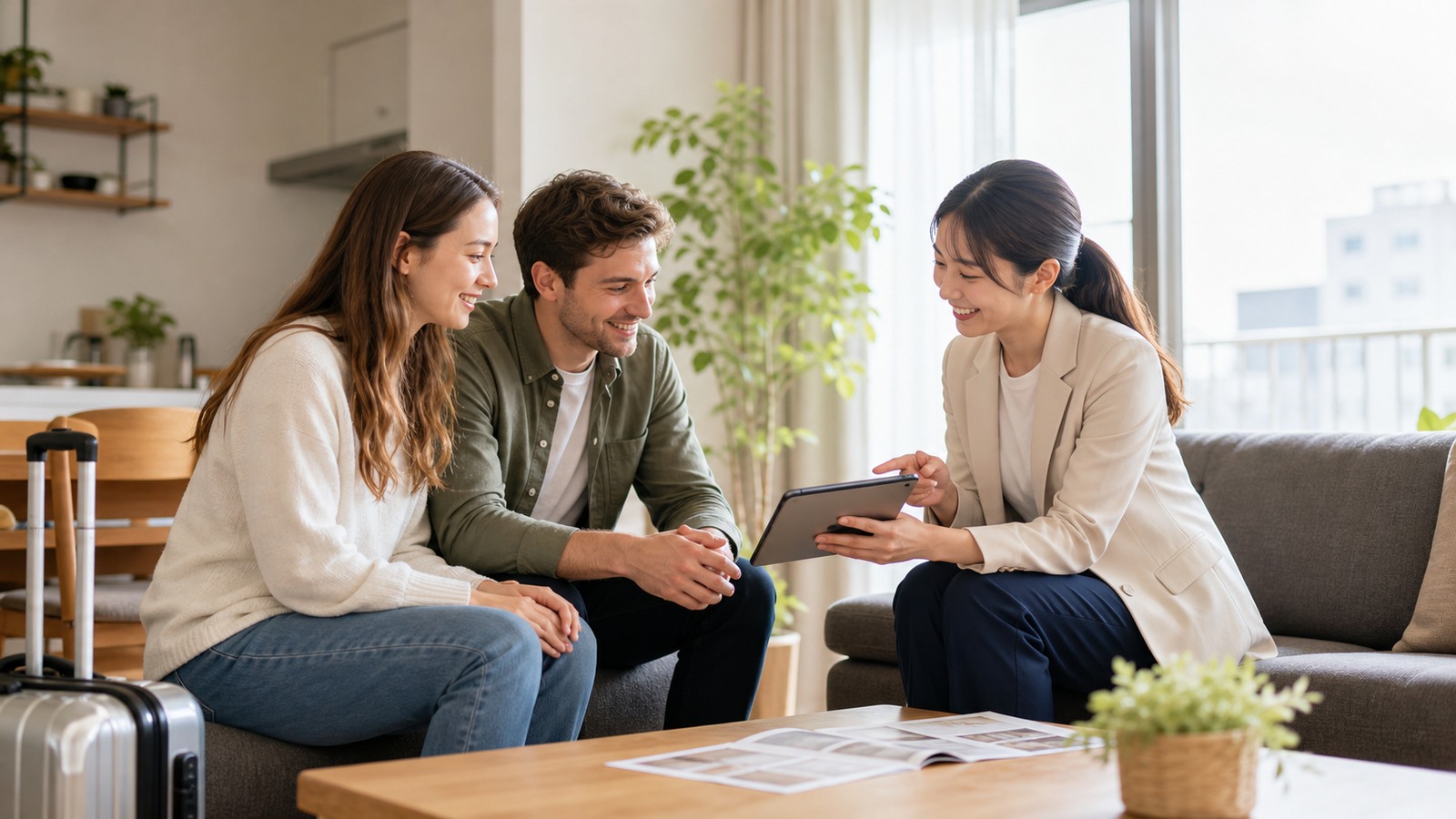 Foreign newcomers discussing housing support in a bright Japanese apartment