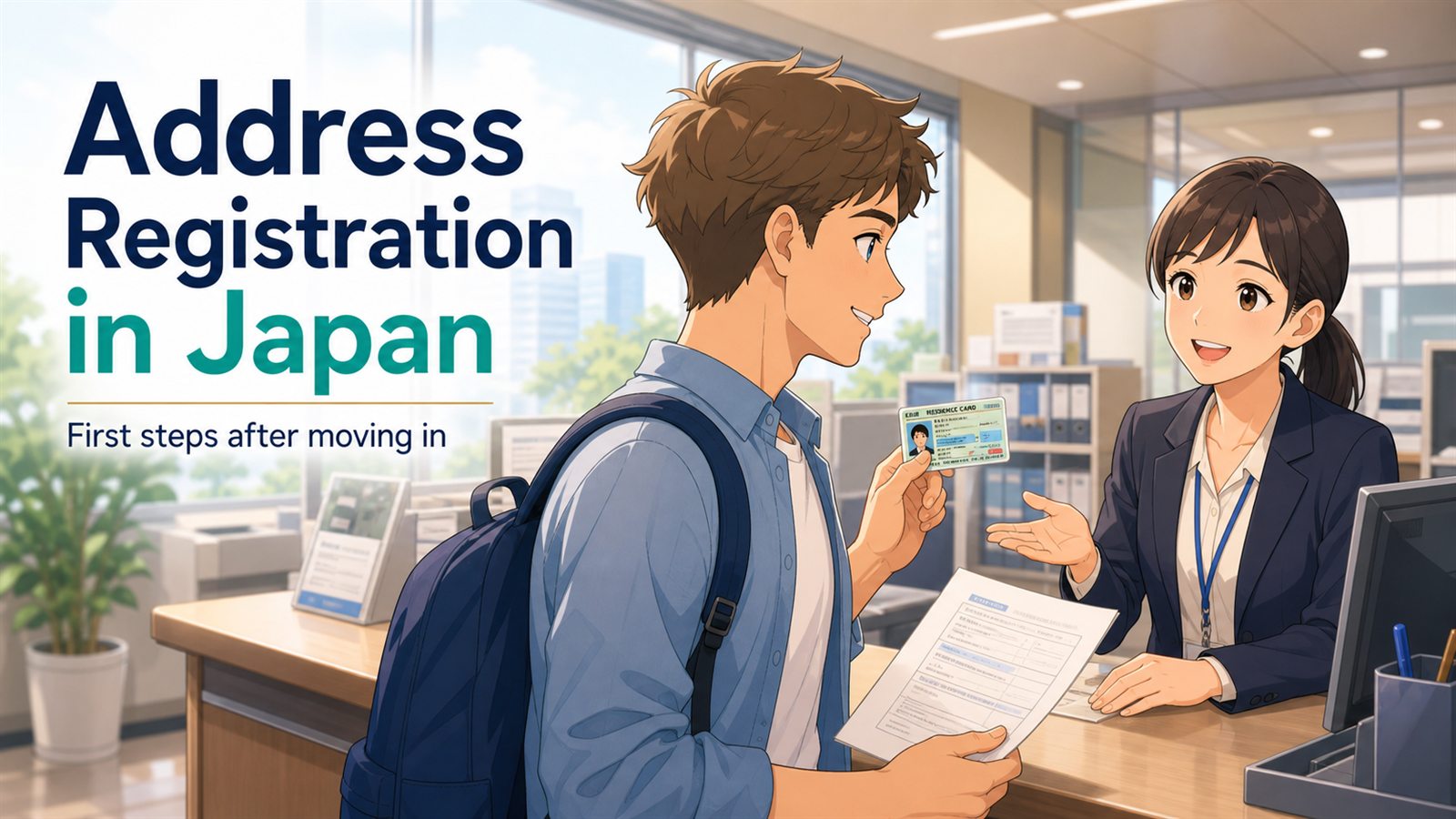 Anime illustration of address registration in Japan for foreigners at a city hall counter