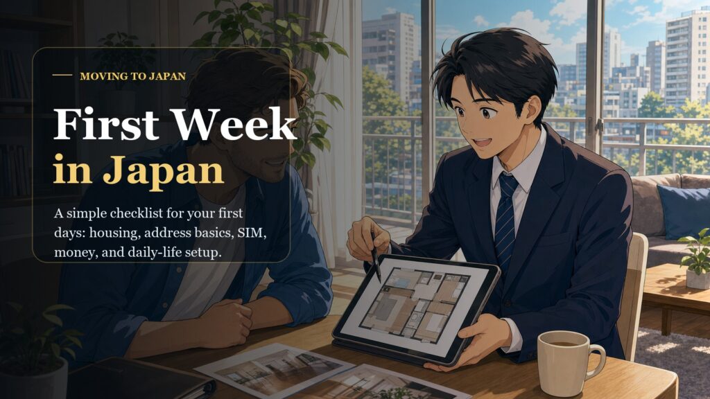 Anime-style image of a newcomer reviewing a housing and first-week setup plan after moving to Japan