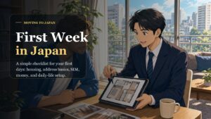 Anime-style image of a newcomer reviewing a housing and first-week setup plan after moving to Japan