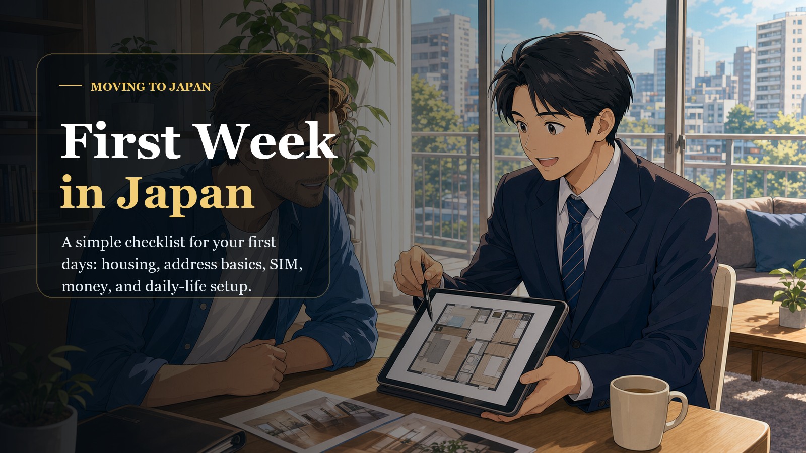 Anime-style image of a newcomer reviewing a housing and first-week setup plan after moving to Japan