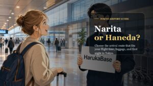 Anime-style image of a traveler meeting HarukaBase airport support while choosing between Narita and Haneda
