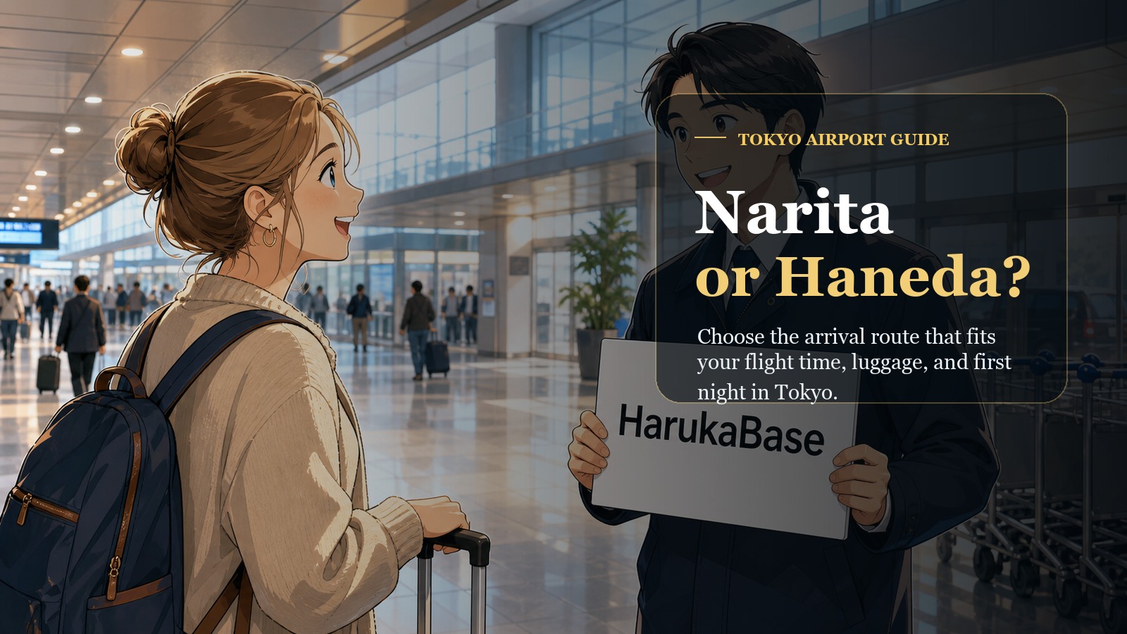 Anime-style image of a traveler meeting HarukaBase airport support while choosing between Narita and Haneda