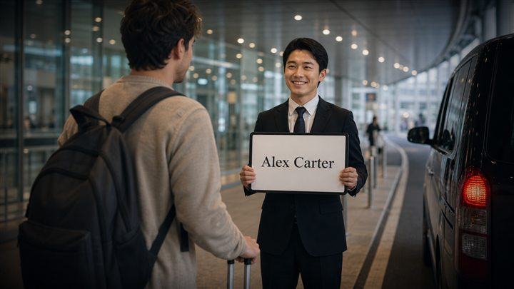 Airport pickup driver holding an Alex Carter name board