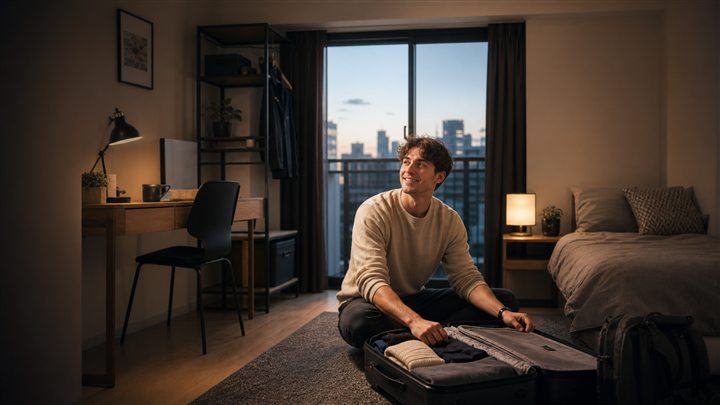 Traveler settling into a furnished room in Japan
