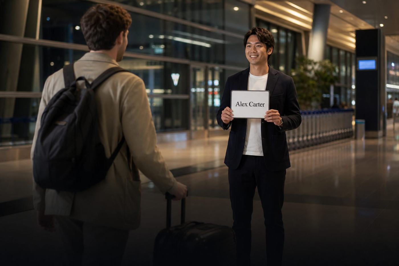 Airport pickup driver holding an Alex Carter name board