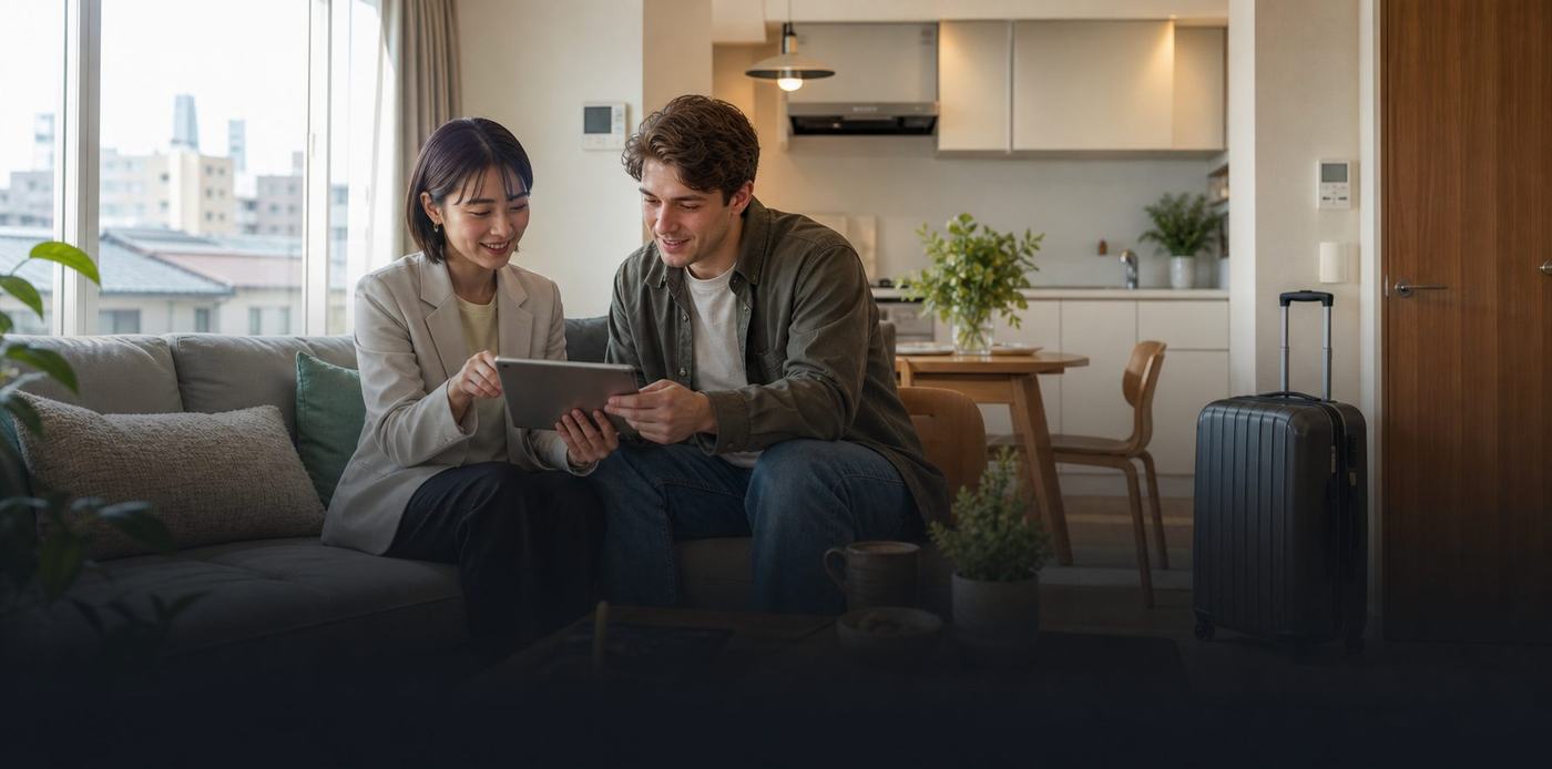 Local staff helping a newcomer choose housing in Japan