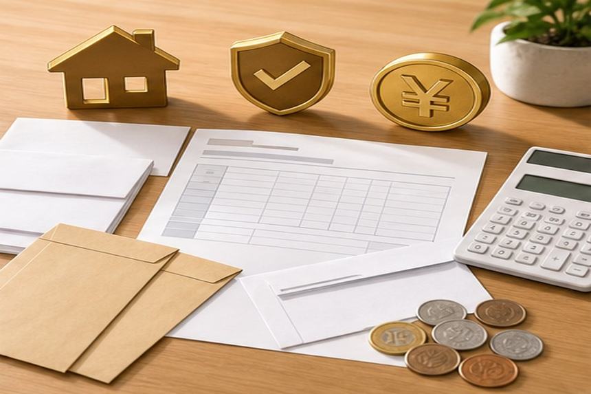 Apartment initial cost items represented by documents envelopes house icon shield icon yen coins and calculator
