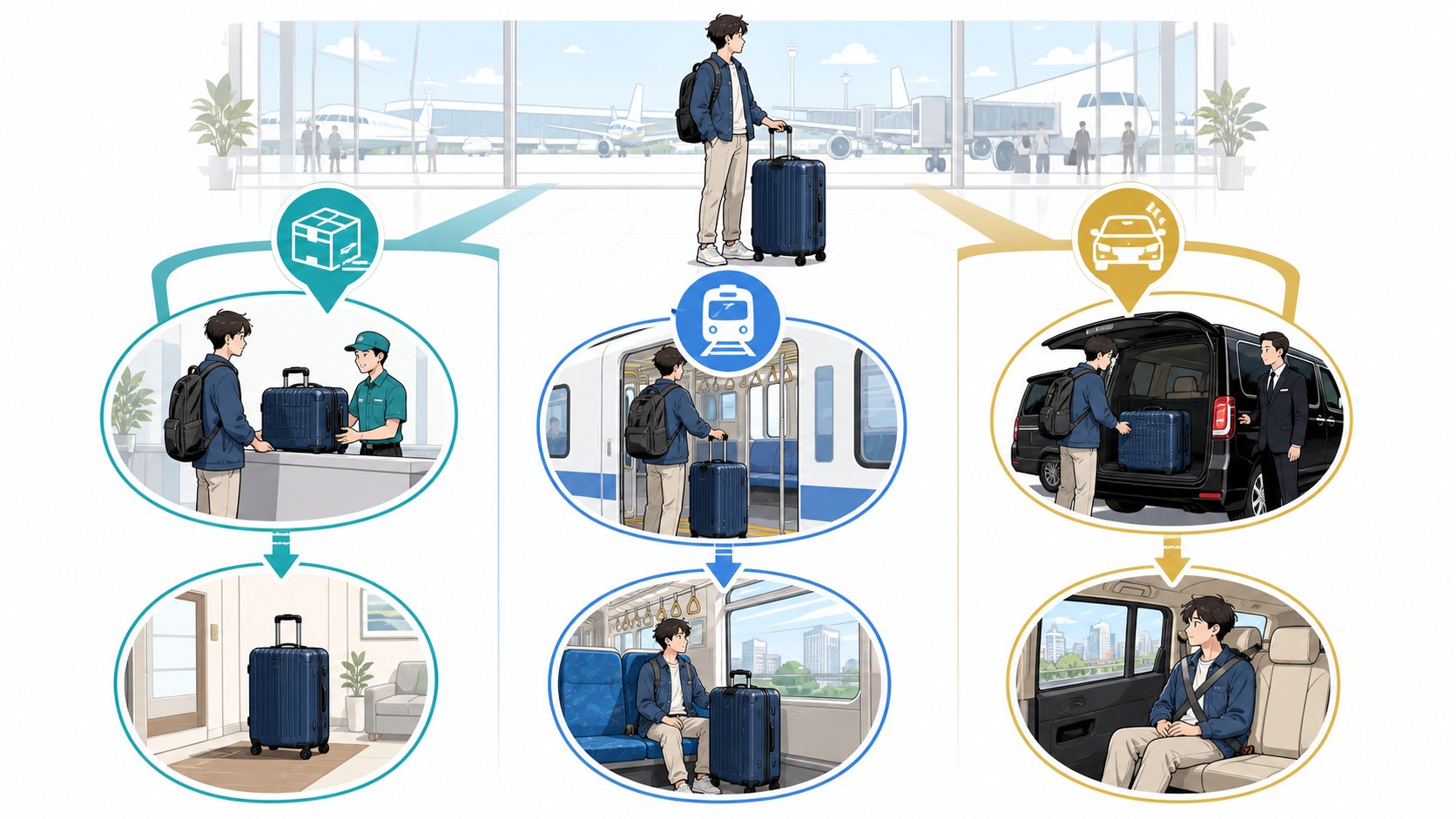 Visual comparison of airport luggage delivery, train travel, and a private airport ride in Japan