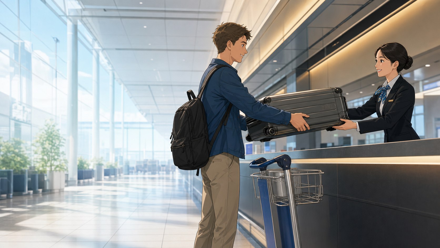 International traveler using an airport luggage delivery counter in Japan