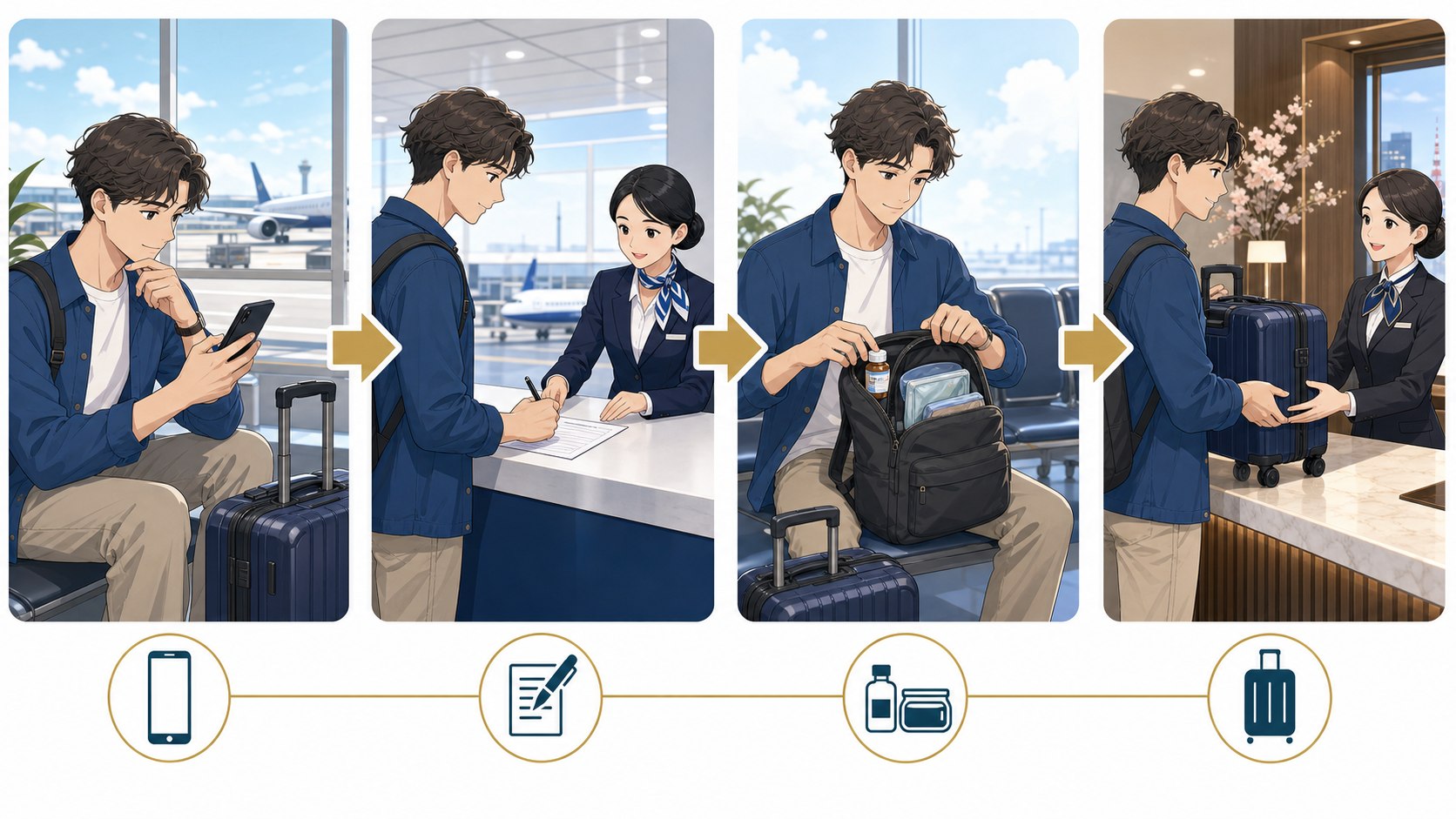 Four-step airport luggage delivery process from address check to hotel receipt