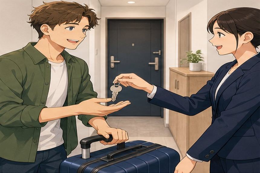 Apartment key handover with foreign renter support coordinator suitcase and apartment entrance