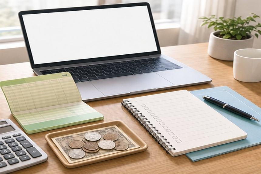 Apartment payment preparation with laptop blank screen notebook calculator coins and bankbook style object