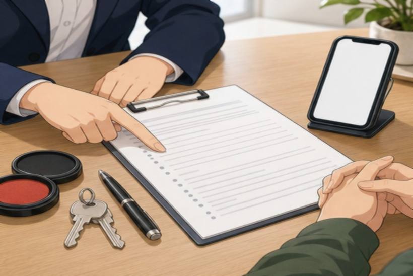 Rental contract explanation with blank phone screen keys stamp pad and important points document