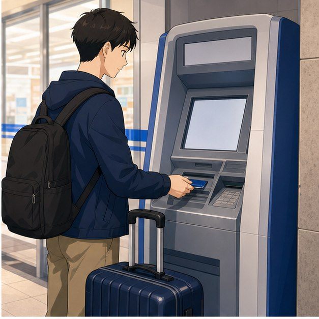 Foreigner withdrawing Japanese yen from an ATM in Japan with suitcase nearby