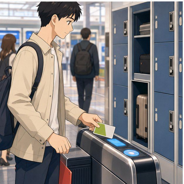 Foreigner using an IC card at a train gate and locker in Japan