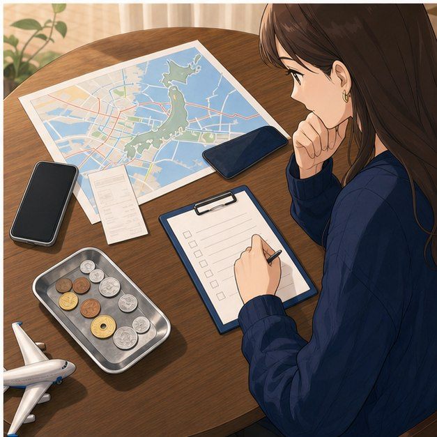 First week Japan payment plan with phone coins route map and blank checklist