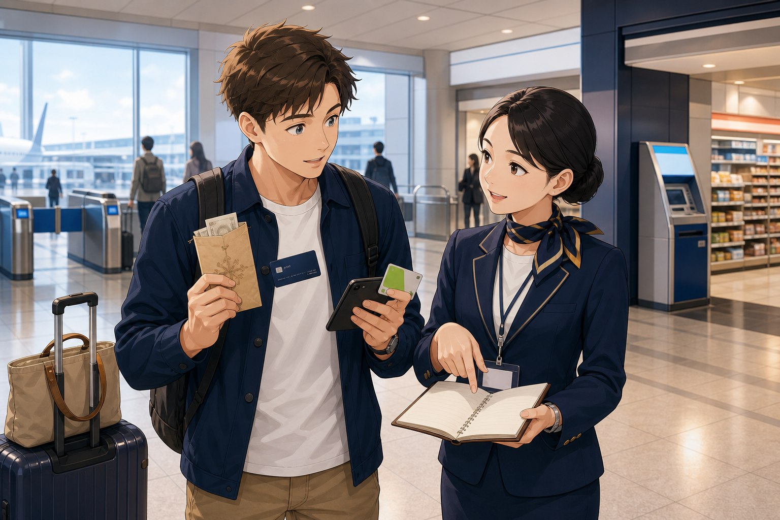 Foreign traveler comparing cash cards IC card and phone at a Japan airport with support coordinator
