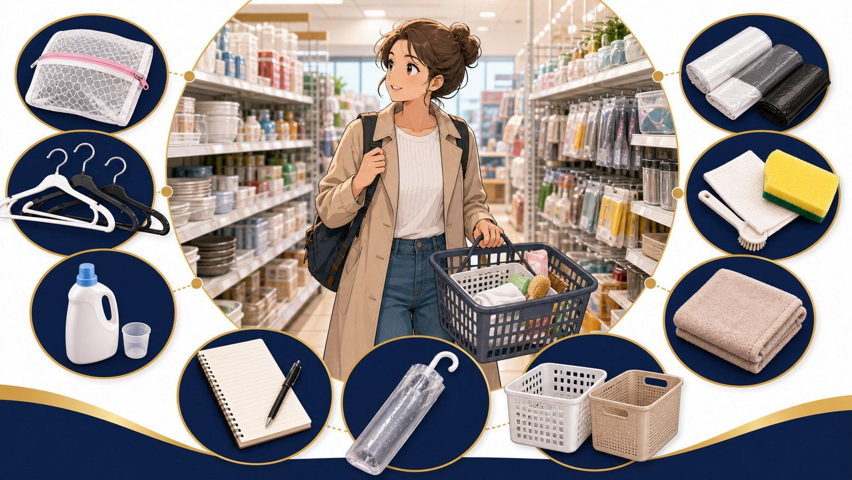 Infographic-style illustration of first-week 100 yen shop essentials for foreigners in Japan