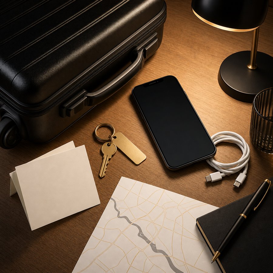 Haneda Airport first-address checklist with passport phone map suitcase tag charger and room key