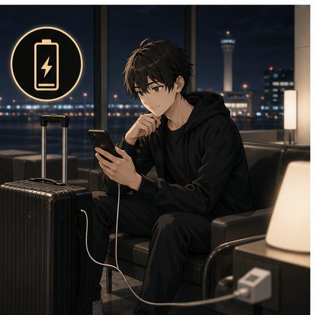 Late-night Haneda Airport traveler checking phone battery charger luggage and route backup