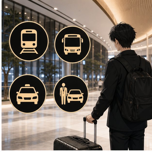 Haneda Airport traveler comparing train monorail bus taxi and reserved pickup choices with luggage