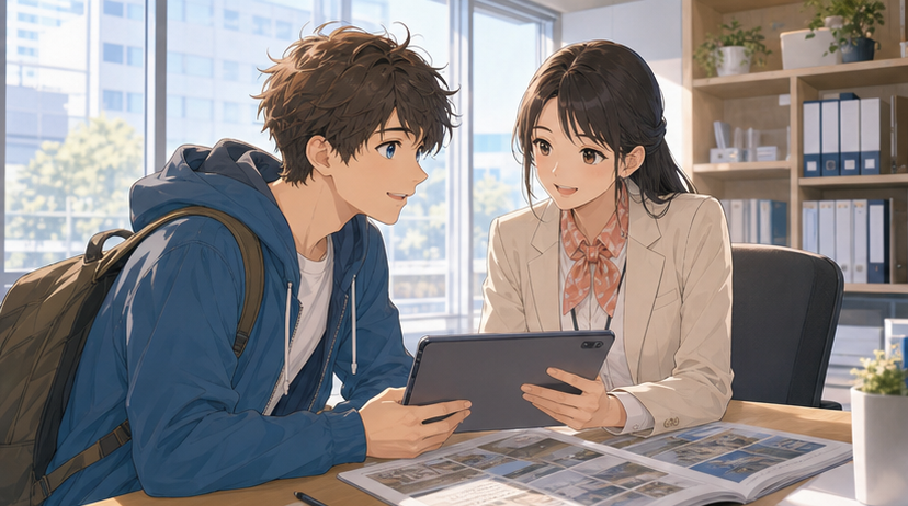 Anime-style scene of a foreign newcomer and Japanese housing support coordinator comparing housing options on a tablet