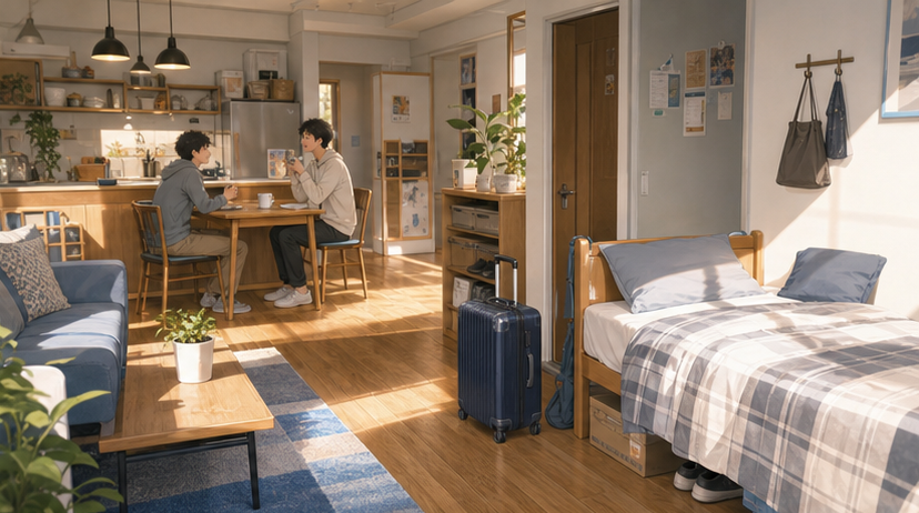 Anime-style furnished share house room with common living space and a suitcase for a newcomer in Japan