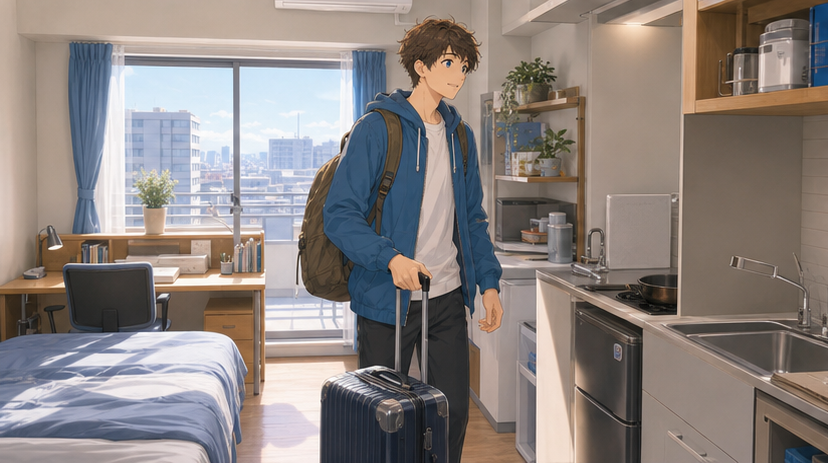 Anime-style compact monthly apartment room in Japan with kitchenette, desk, bed, and newcomer luggage