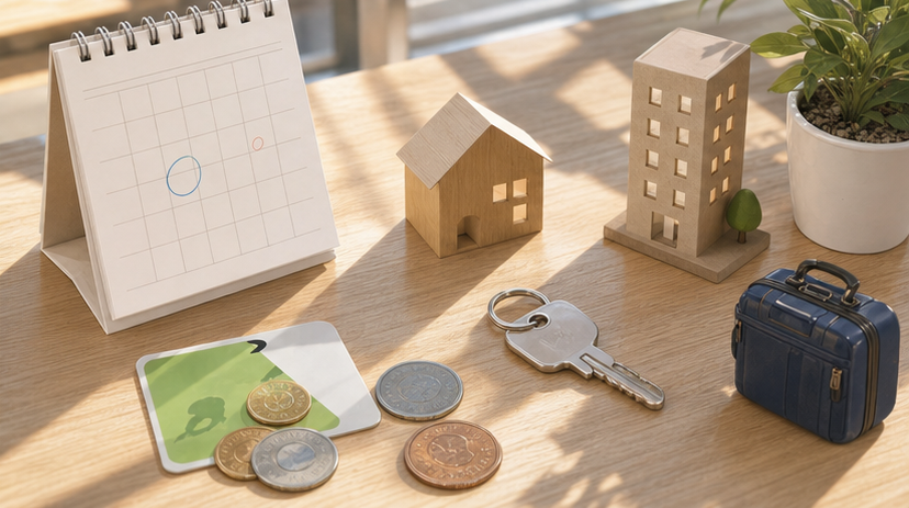 Anime-style housing decision desk with calendar, keys, coins, IC card, suitcase, house model, and apartment model