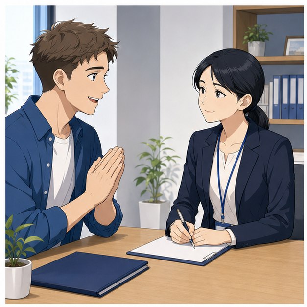 Foreign renter politely asking a coordinator for apartment emergency contact permission in Japan