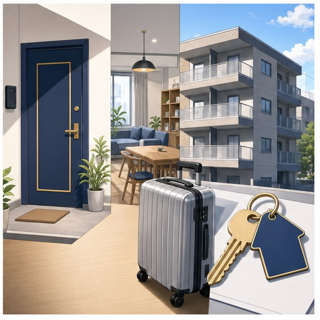 First month housing options in Japan with apartment door share house room suitcase and key