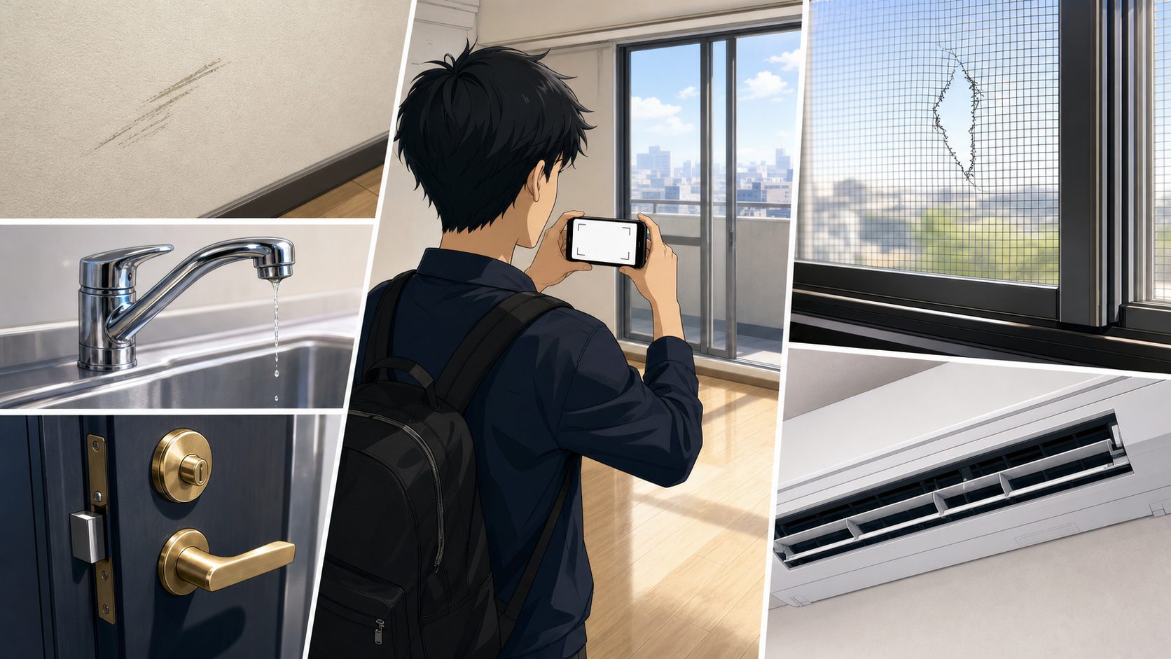 Foreign renter photographing wall floor window appliance and meter conditions in a Japanese apartment