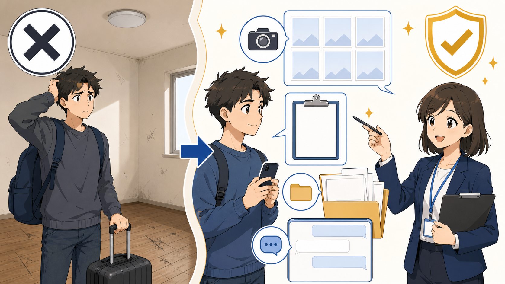 Move-in mistake prevention visual with apartment photos defect report receipt folder and calm support chat