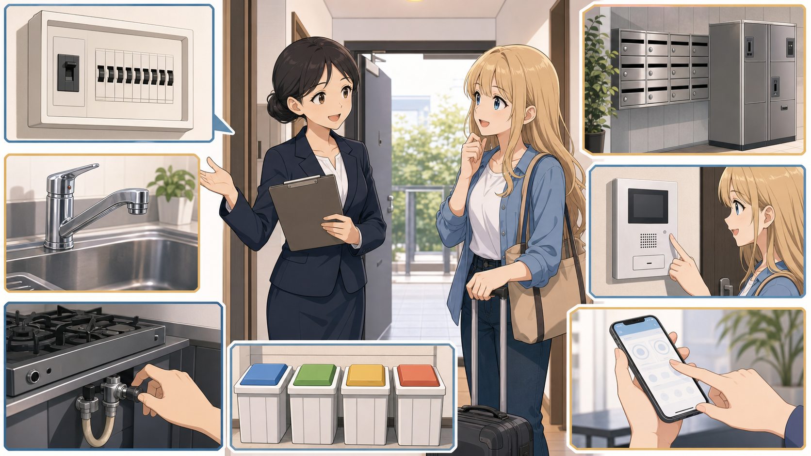Clean visual of apartment utilities including electricity water gas garbage mailbox and intercom without text