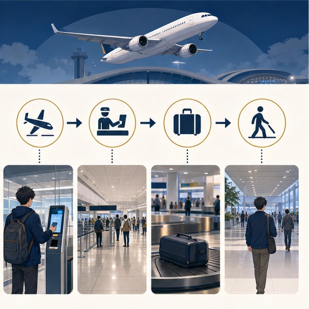 Text-free Kansai Airport arrival flow from airplane to kiosk baggage customs and public lobby