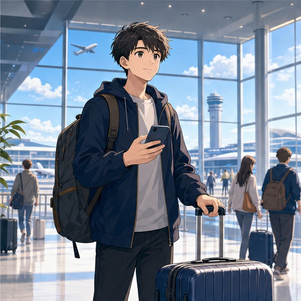 Foreign traveler arriving at Kansai Airport with suitcase phone and first-address plan