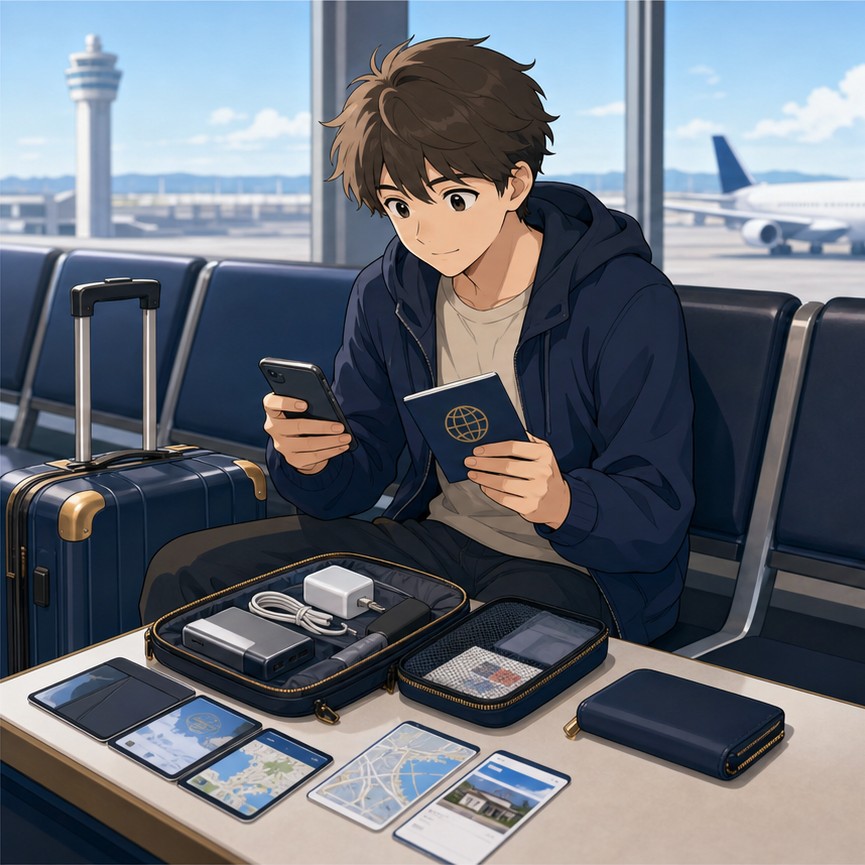 Kansai Airport traveler organizing passport phone charger luggage and first address before leaving arrivals