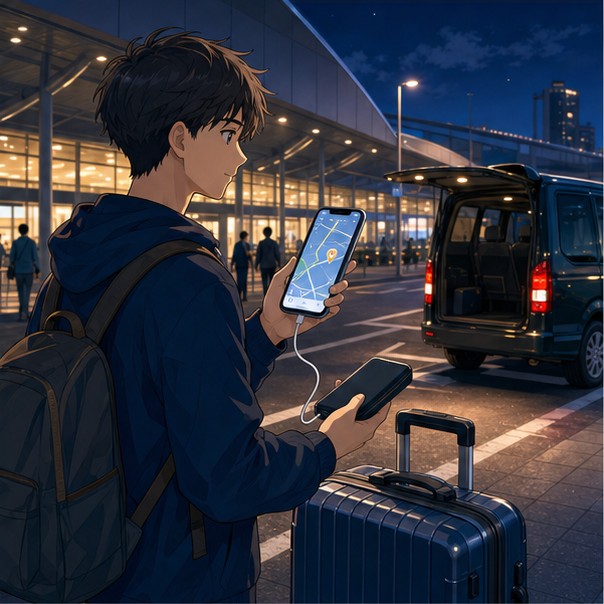 Foreign traveler at Kansai Airport at night checking phone battery luggage and pickup route