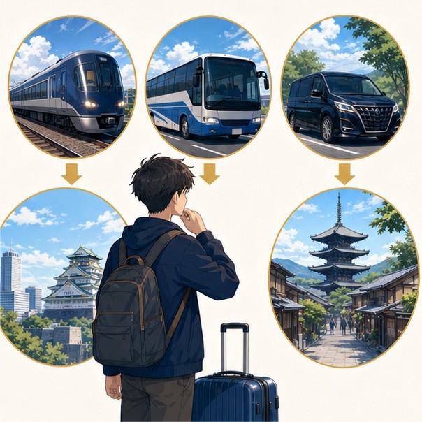 Text-free comparison of Kansai Airport train bus private van and city destination choices