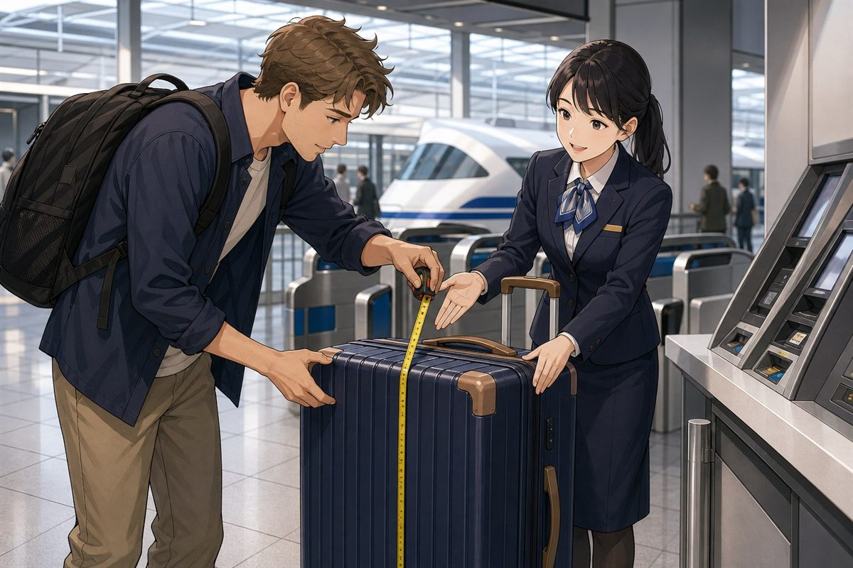 Foreign traveler measuring a large suitcase before Shinkansen ticket purchase in Japan