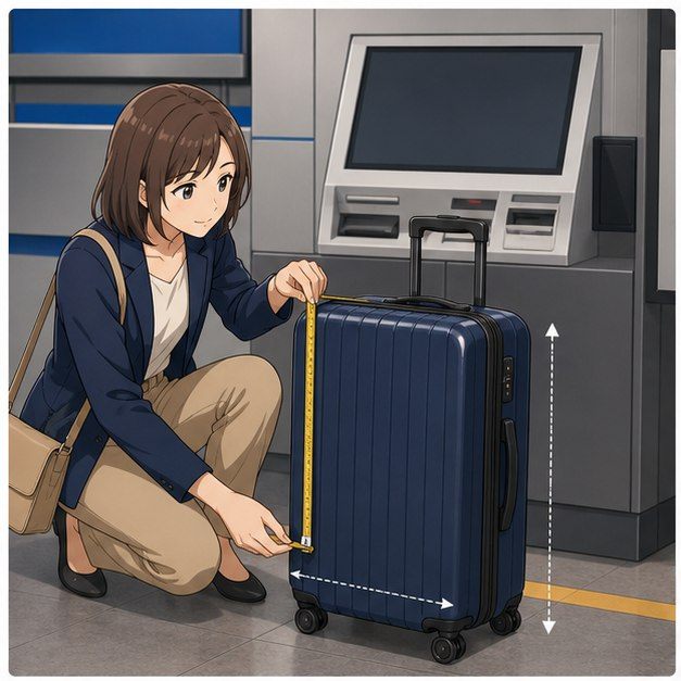 Foreigner measuring suitcase before Shinkansen ticket purchase in Japan