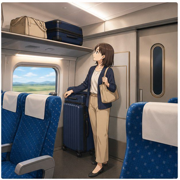 Shinkansen luggage storage with overhead rack and reserved rear luggage area
